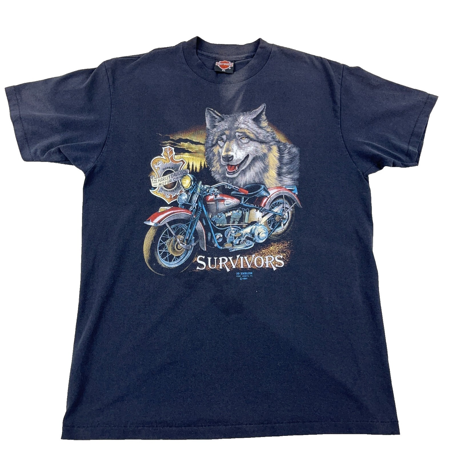Vintage Harley Davidson Shirt Men Xl Black 3d Emblem Survivors Wolf Faded 90s